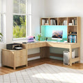 L Shaped Computer Desk with Hutch and Drawers Home Office Desk w/LED Light and Power Outlets