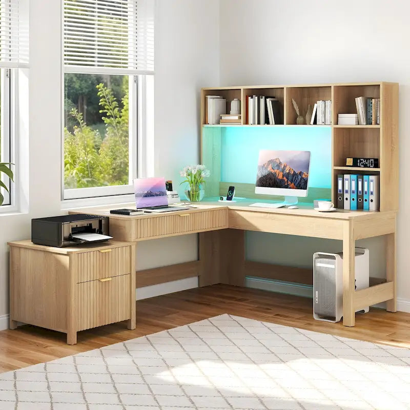 L Shaped Computer Desk with Hutch and Drawers Home Office Desk w/LED Light and Power Outlets