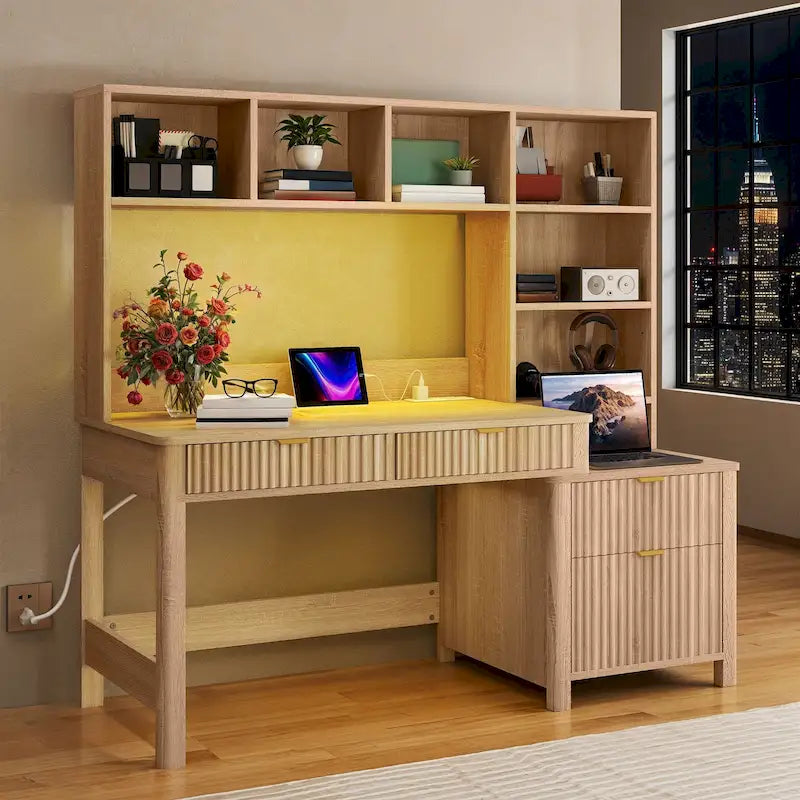 L Shaped Computer Desk with Hutch and Drawers Home Office Desk w/LED Light and Power Outlets