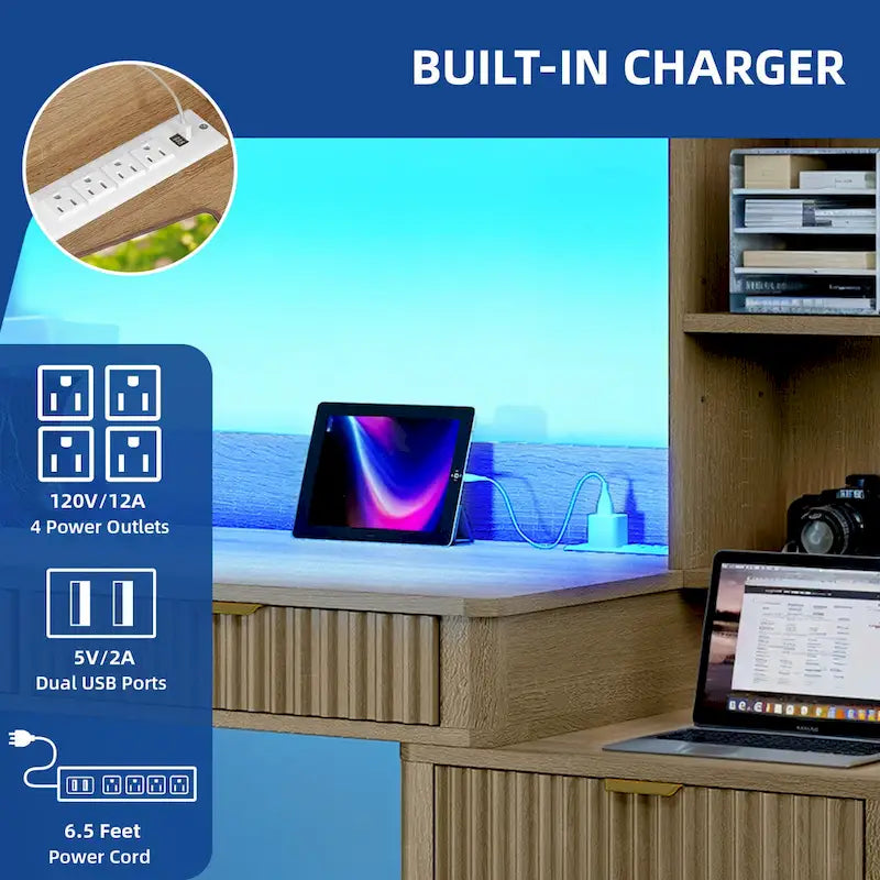 L Shaped Computer Desk with Hutch and Drawers Home Office Desk w/LED Light and Power Outlets