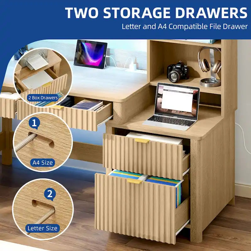 L Shaped Computer Desk with Hutch and Drawers Home Office Desk w/LED Light and Power Outlets