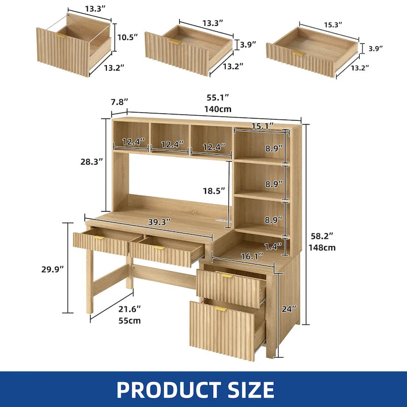 L Shaped Computer Desk with Hutch and Drawers Home Office Desk w/LED Light and Power Outlets