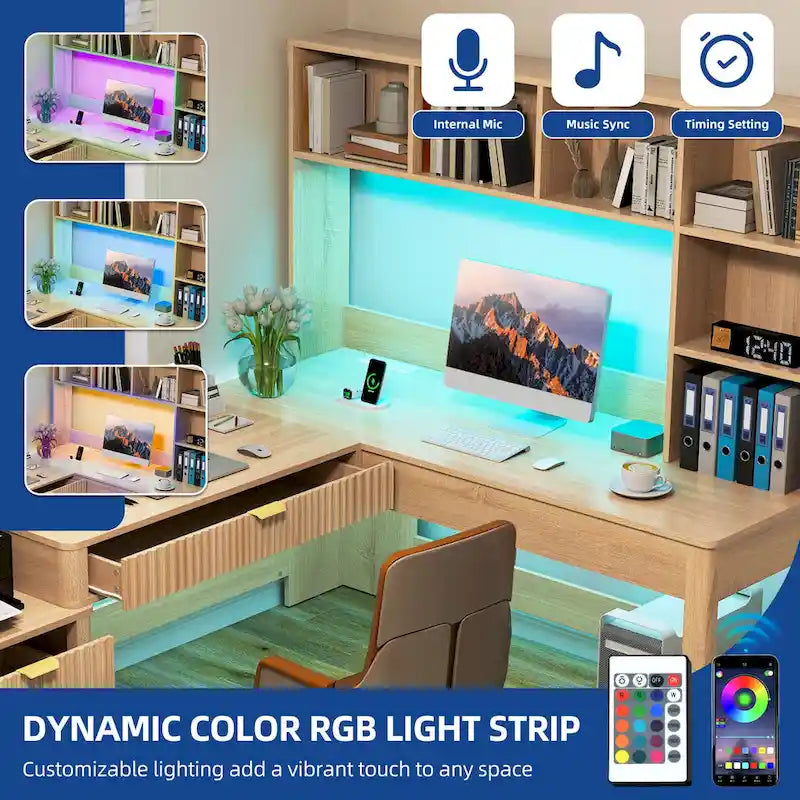 L Shaped Computer Desk with Hutch and Drawers Home Office Desk w/LED Light and Power Outlets