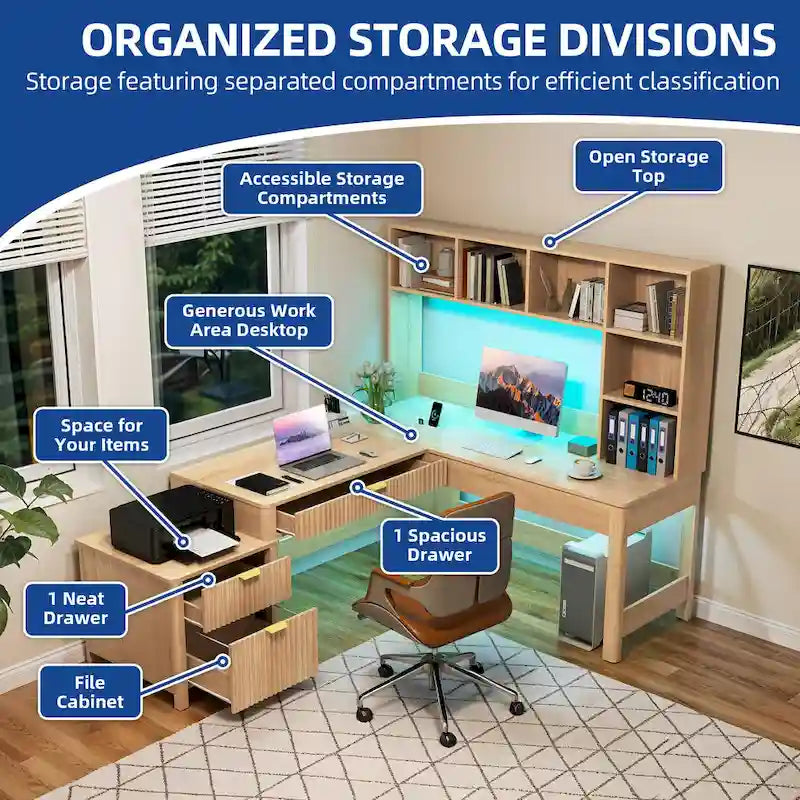 L Shaped Computer Desk with Hutch and Drawers Home Office Desk w/LED Light and Power Outlets