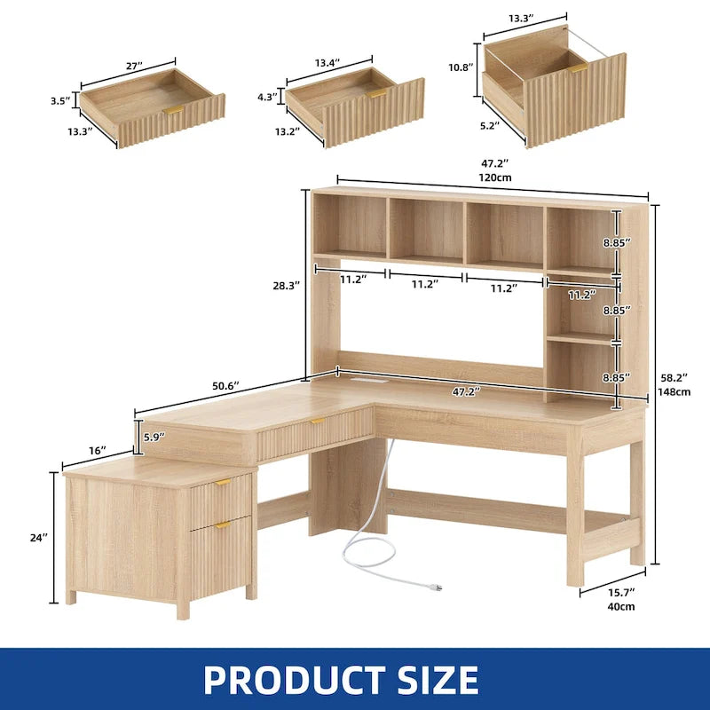 L Shaped Computer Desk with Hutch and Drawers Home Office Desk w/LED Light and Power Outlets