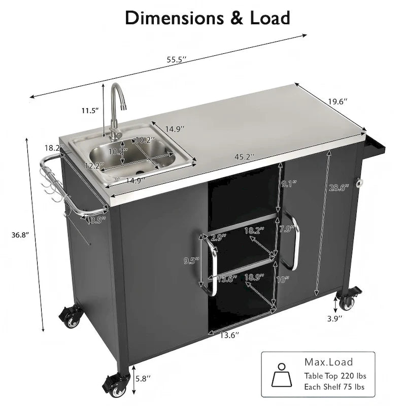 55.5 Outdoor Metal Kitchen Island with 304 Stainless Steel Sink and 4 Lockable Wheels