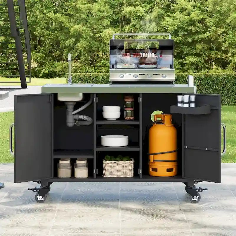 55.5 Outdoor Metal Kitchen Island with 304 Stainless Steel Sink and 4 Lockable Wheels
