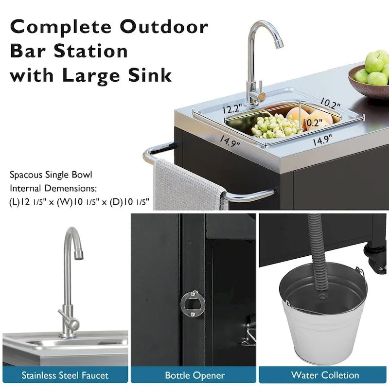 55.5 Outdoor Metal Kitchen Island with 304 Stainless Steel Sink and 4 Lockable Wheels