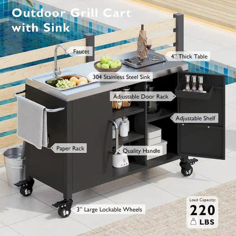 55.5 Outdoor Metal Kitchen Island with 304 Stainless Steel Sink and 4 Lockable Wheels