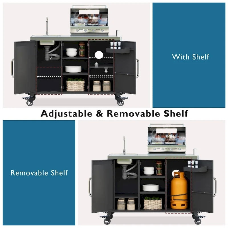 55.5 Outdoor Metal Kitchen Island with 304 Stainless Steel Sink and 4 Lockable Wheels