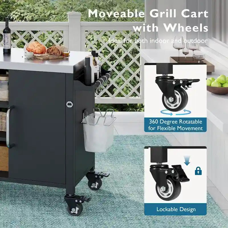 55.5 Outdoor Metal Kitchen Island with 304 Stainless Steel Sink and 4 Lockable Wheels