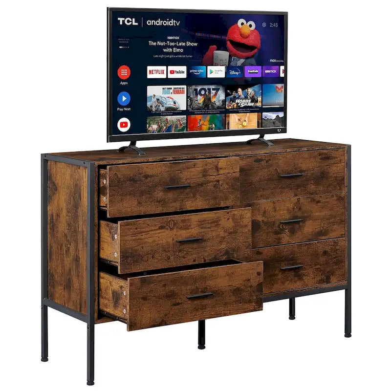 Rustic Wood Dresser with 6 Drawers, Wide 48 Brown TV Stand with Storage