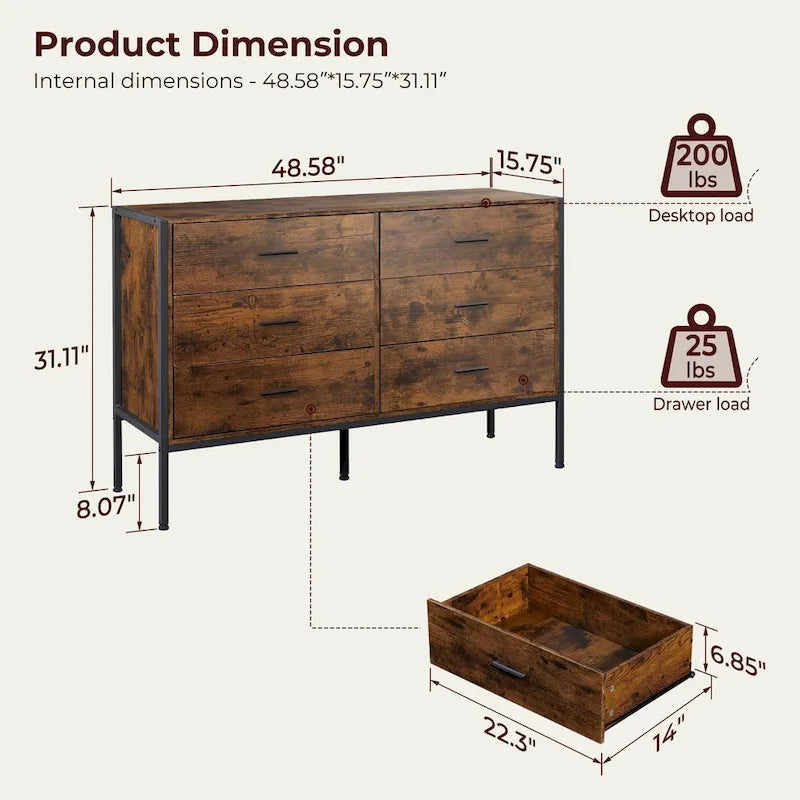 Rustic Wood Dresser with 6 Drawers, Wide 48 Brown TV Stand with Storage
