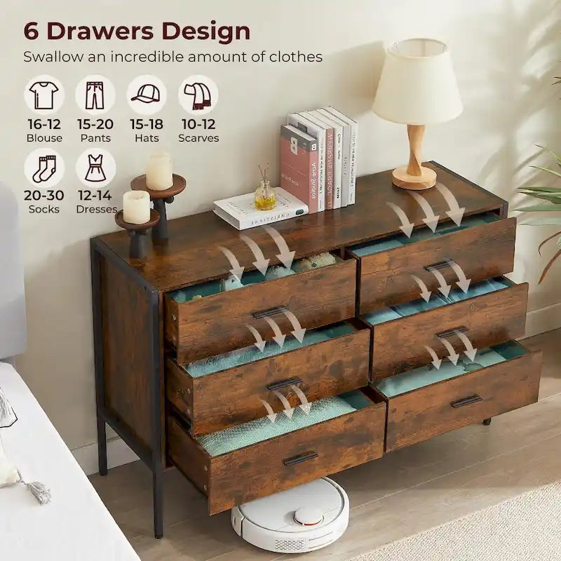Rustic Wood Dresser with 6 Drawers, Wide 48 Brown TV Stand with Storage