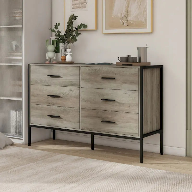 Rustic Wood Dresser with 6 Drawers, Wide 48 Brown TV Stand with Storage