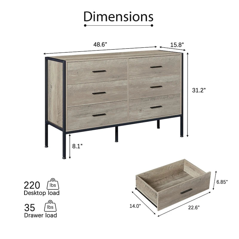 Rustic Wood Dresser with 6 Drawers, Wide 48 Brown TV Stand with Storage