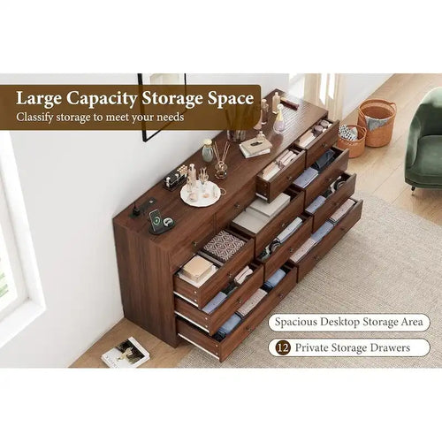 12 Drawer Dresser for Bedroom, 61 Inch Wood Dresser with Power Outlet