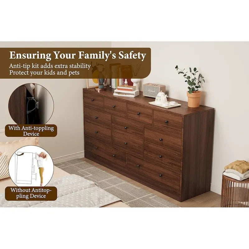 12 Drawer Dresser for Bedroom, 61 Inch Wood Dresser with Power Outlet