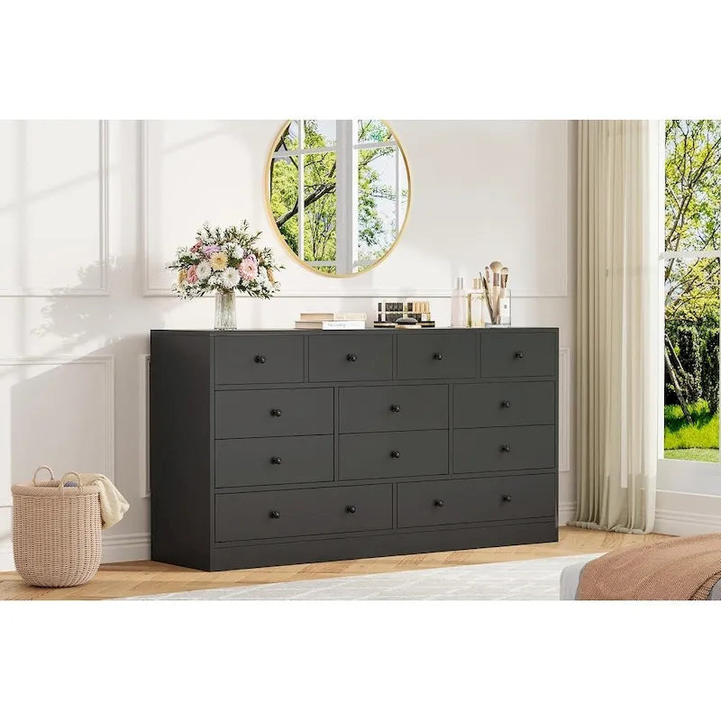 12 Drawer Dresser for Bedroom, 61 Inch Wood Dresser with Power Outlet