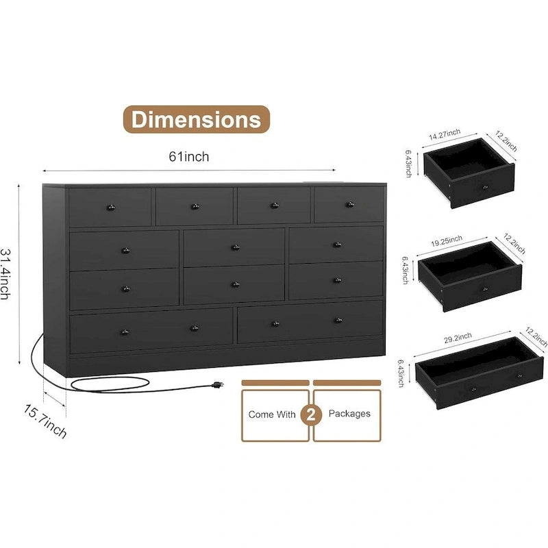 12 Drawer Dresser for Bedroom, 61 Inch Wood Dresser with Power Outlet