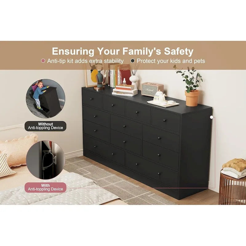 12 Drawer Dresser for Bedroom, 61 Inch Wood Dresser with Power Outlet