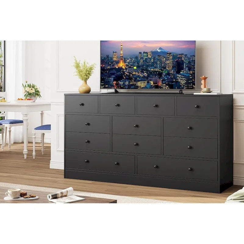 12 Drawer Dresser for Bedroom, 61 Inch Wood Dresser with Power Outlet