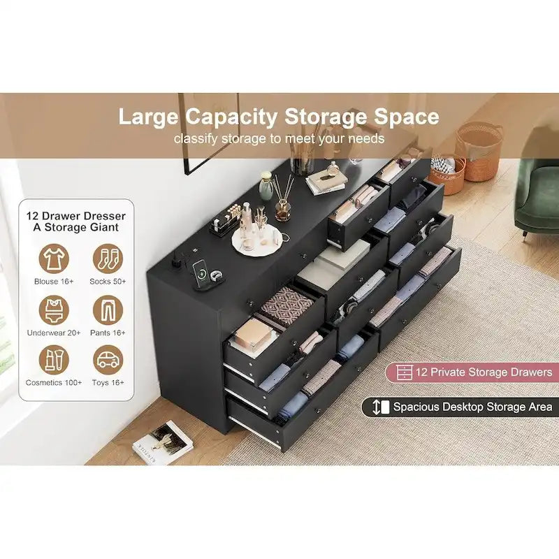 12 Drawer Dresser for Bedroom, 61 Inch Wood Dresser with Power Outlet