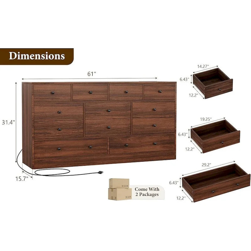 12 Drawer Dresser for Bedroom, 61 Inch Wood Dresser with Power Outlet