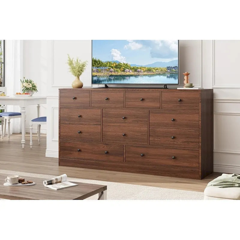 12 Drawer Dresser for Bedroom, 61 Inch Wood Dresser with Power Outlet