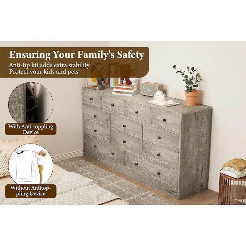 12 Drawer Dresser for Bedroom, 61 Inch Wood Dresser with Power Outlet