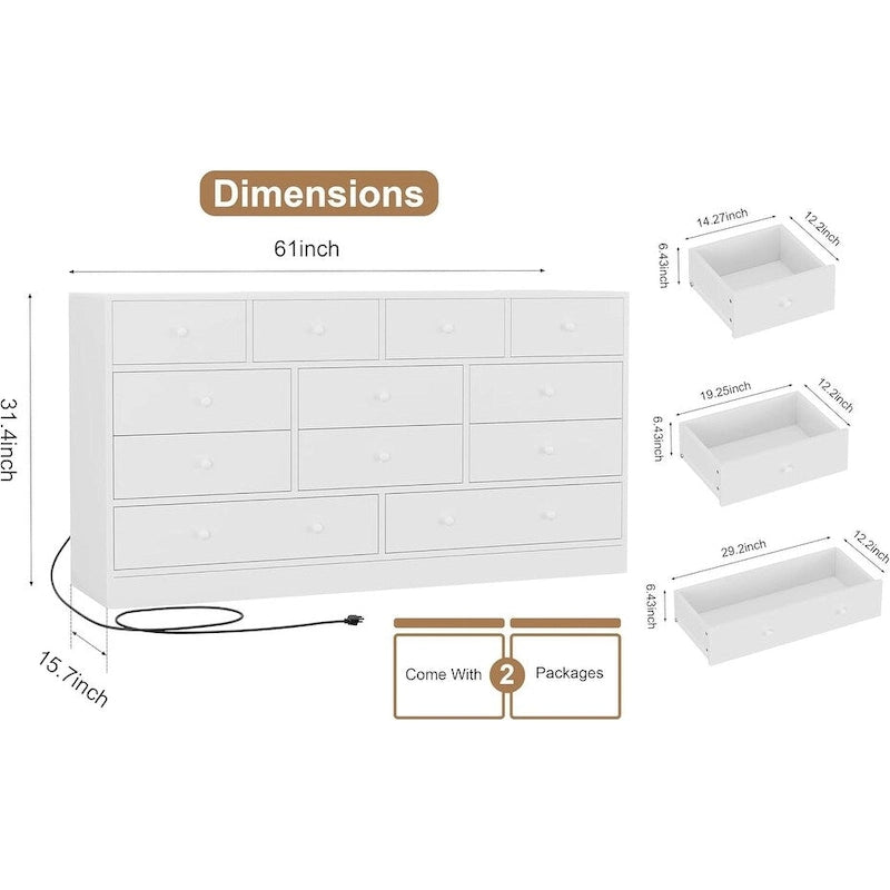 12 Drawer Dresser for Bedroom, 61 Inch Wood Dresser with Power Outlet