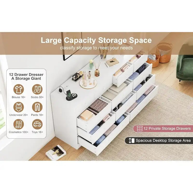 12 Drawer Dresser for Bedroom, 61 Inch Wood Dresser with Power Outlet