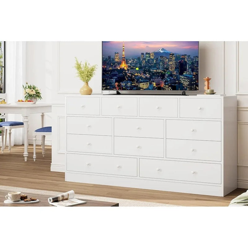 12 Drawer Dresser for Bedroom, 61 Inch Wood Dresser with Power Outlet