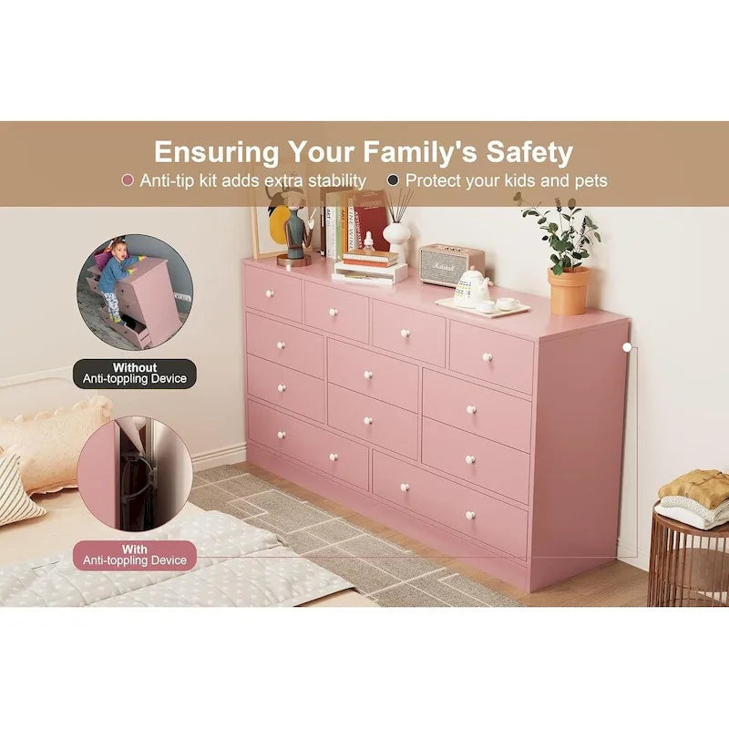 12 Drawer Dresser for Bedroom, 61 Inch Wood Dresser with Power Outlet