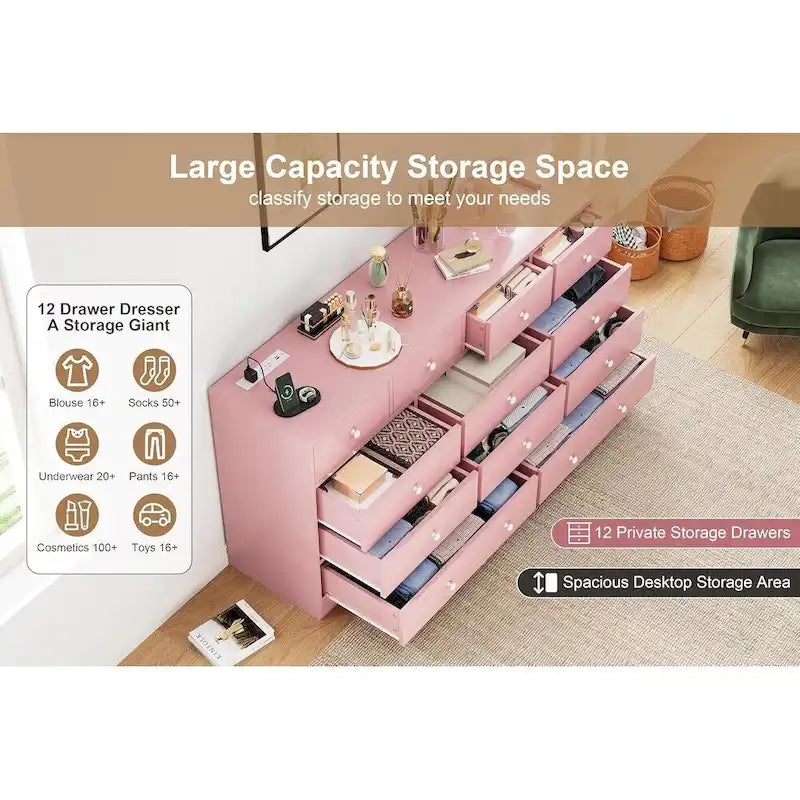 12 Drawer Dresser for Bedroom, 61 Inch Wood Dresser with Power Outlet