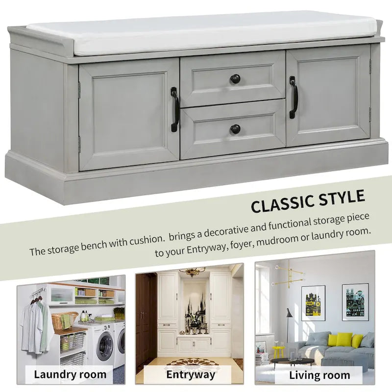 Storage Bench with Drawers and Cabinets