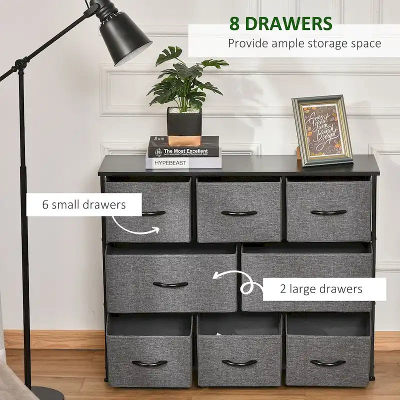 HOMCOM 8-Drawer Dresser, 3-Tier Fabric Chest of Drawers, Storage Tower Organizer Unit with Steel Frame Wooden Top for Bedroom