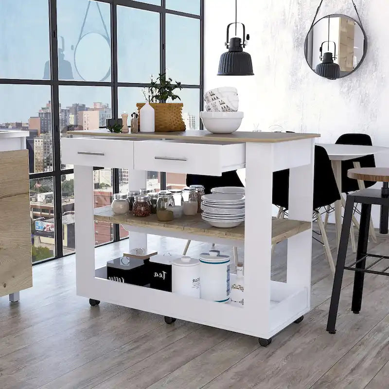 46 Kitchen Island, Two Shelves, Two Drawers