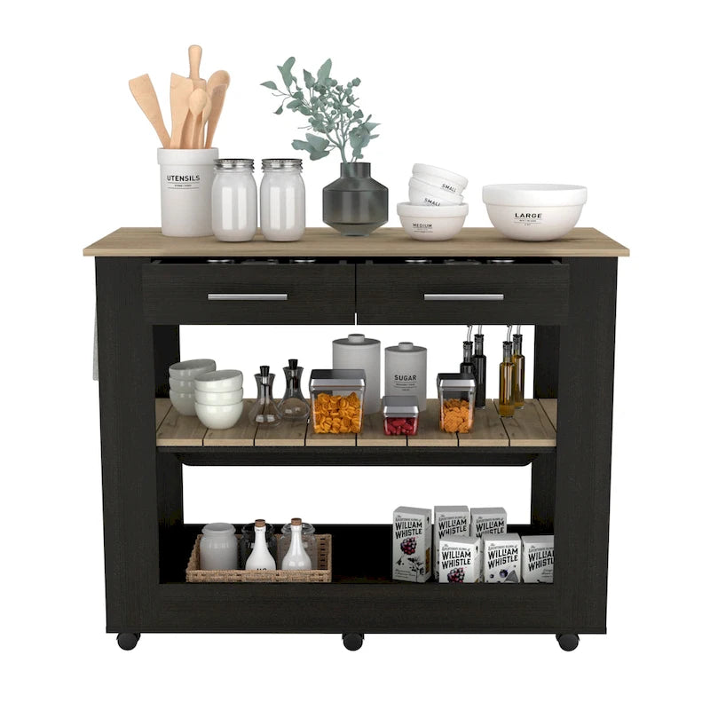46 Kitchen Island, Two Shelves, Two Drawers