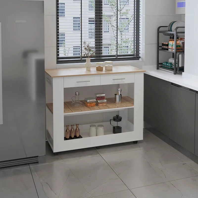 46 Kitchen Island, Two Shelves, Two Drawers