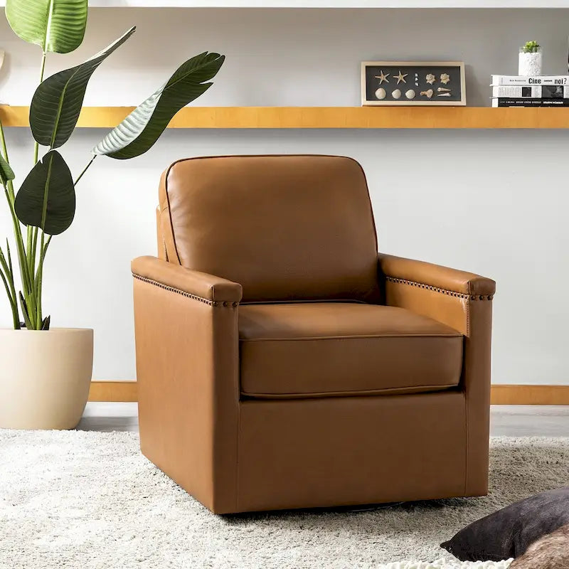 Classic Genuine Leather Swivel Armchair With Nailhead Trims