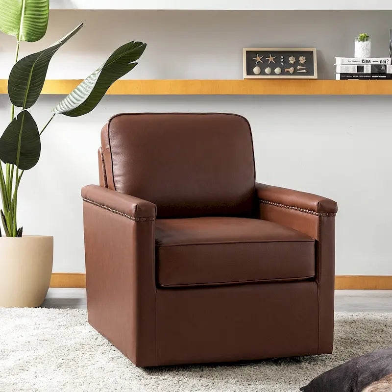 Classic Genuine Leather Swivel Armchair With Nailhead Trims