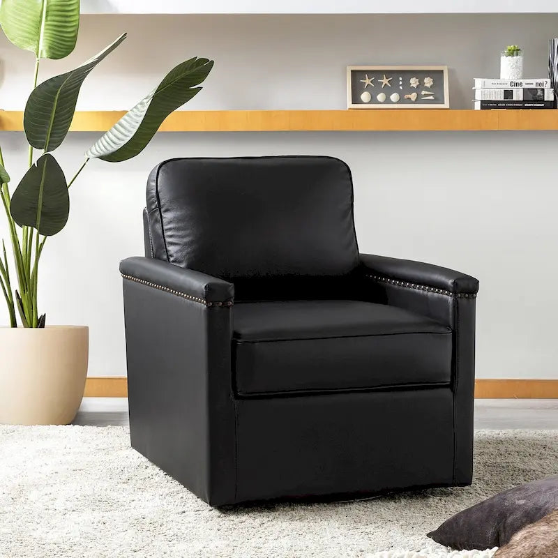 Classic Genuine Leather Swivel Armchair With Nailhead Trims