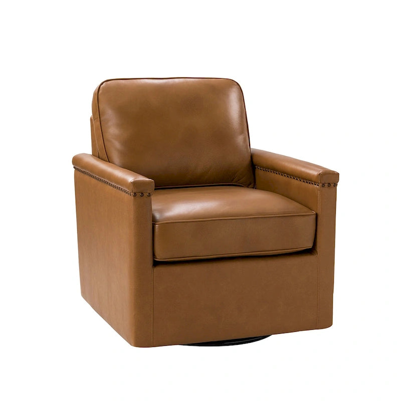 Classic Genuine Leather Swivel Armchair With Nailhead Trims