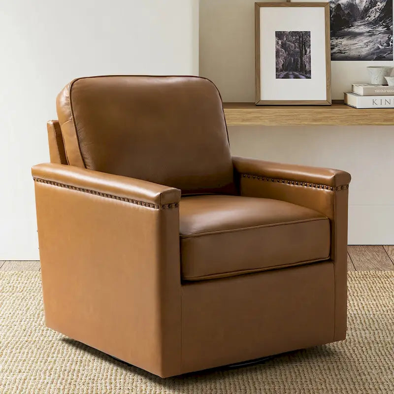 Classic Genuine Leather Swivel Armchair With Nailhead Trims