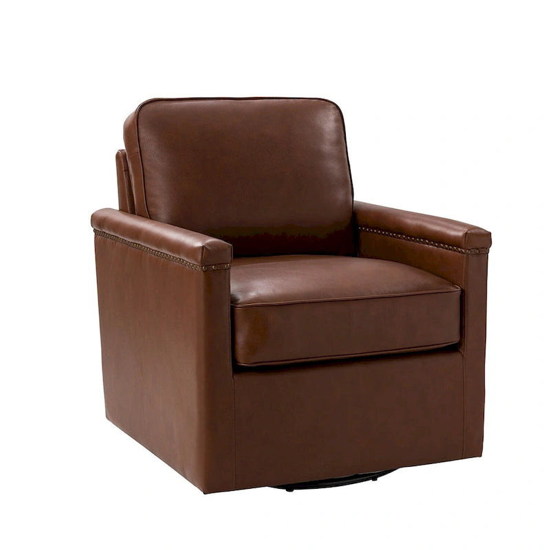 Classic Genuine Leather Swivel Armchair With Nailhead Trims