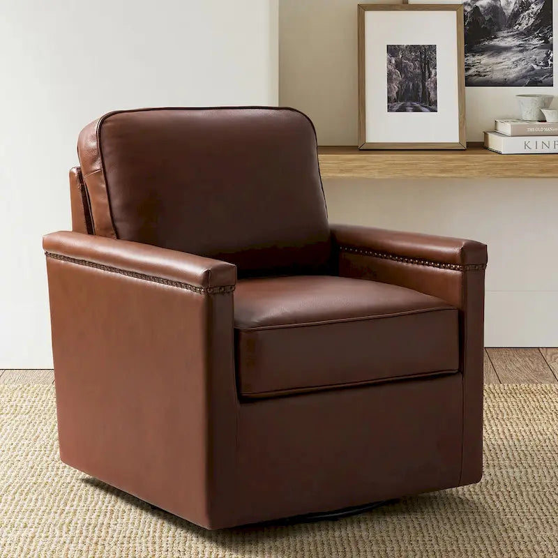 Classic Genuine Leather Swivel Armchair With Nailhead Trims