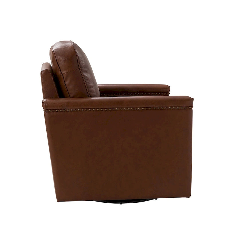 Classic Genuine Leather Swivel Armchair With Nailhead Trims