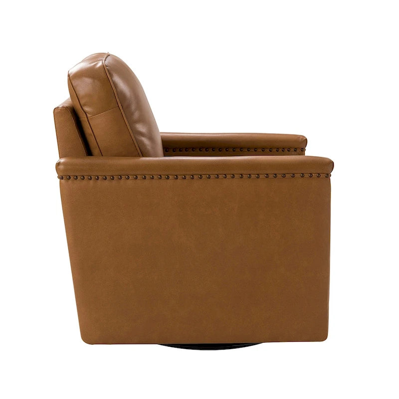 Classic Genuine Leather Swivel Armchair With Nailhead Trims