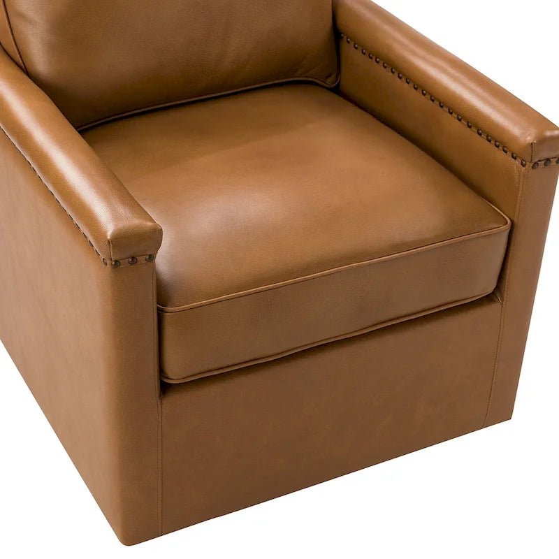 Classic Genuine Leather Swivel Armchair With Nailhead Trims